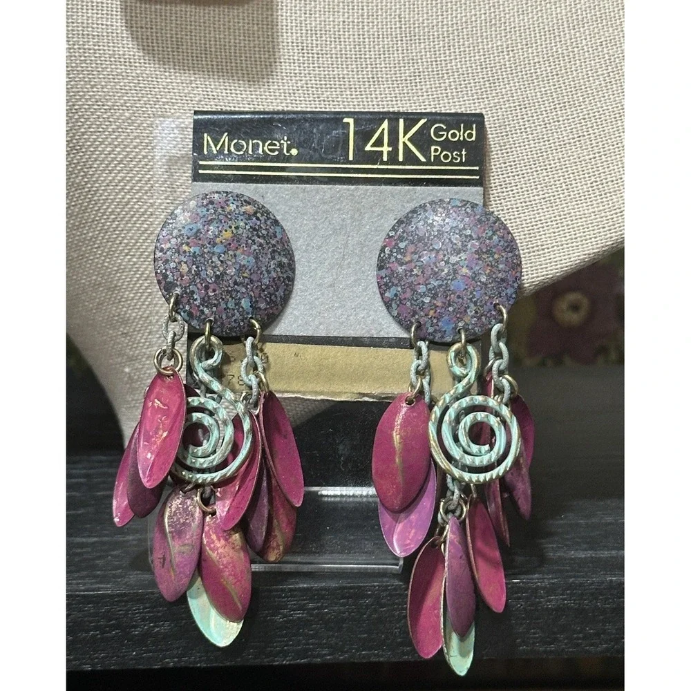 Monet Post Colorful Purple Enamel Dangle Earrings‎ with Textured Disc and Spiral